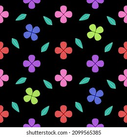 Flowers and leaves with red, green, purple, blue patterns on a black background.