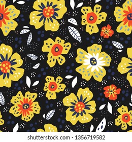 Flowers with leaves retro seamless pattern. Yellow blossoms on black background. Floral hand drawn textile ornament for summer dress. Botanical vector wrapping paper in vintage style 