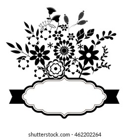Flowers and leaves with ribbon.  Floral frame for text. Vector illustration