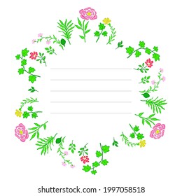 Flowers and leaves round frame. Template for postcard, banner, poster, packaging, wedding invitation, birthday greeting card. Hand Drawn vector illustration.