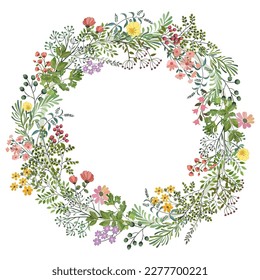 Flowers with leaves, round wreath isolated on white background. Spring art print with botanical elements. Folk style. Posters for the spring holiday. 
