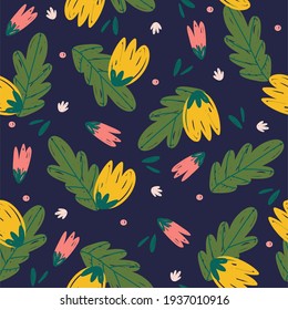 Flores y hojas, patrón botánico sin soldadura, plantas, flora, fondo azul oscuro, ideal para su aplicación en tejidos o papel de envolvimiento