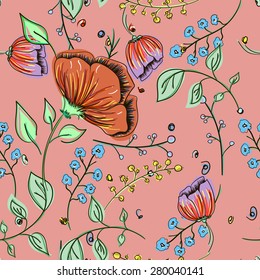 Flowers with leaves seamless pattern background