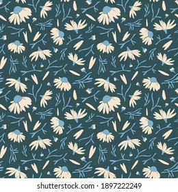 Flowers and leaves. Seamless pattern with camomile illustration. Pattern for wallpaper, background, textile, postcards, etc. Vector illustrations.