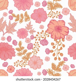 flowers and leaves seamless pattern hand drawn flower background Floral design for printing decorative paper covers fabrics wallpaper interiors packaging cosmetics cards batik boho vector illustration