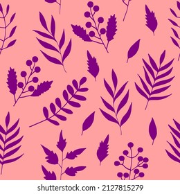 flowers and leaves seamless pattern. hand drawn in trendy colors of the 2022 year. simple abstract plants. 