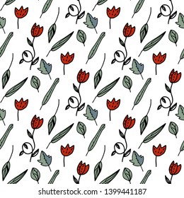 Flowers and leaves seamless pattern on white background.  Vector illustration in trendy dirty art style. 