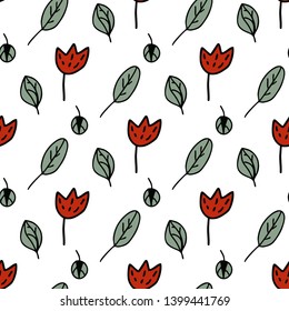 Flowers and leaves seamless pattern on white background.  Vector illustration in trendy dirty art style. 