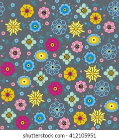  Flowers and leaves. A seamless pattern of purple, pink, blue, green and yellow flowers and leaves on a  gray background.