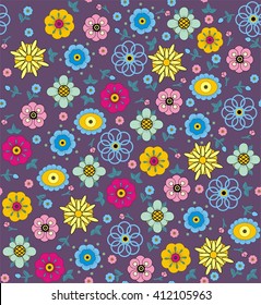  Flowers and leaves. A seamless pattern of purple, pink, blue, green and yellow flowers and leaves on a purple gray background.