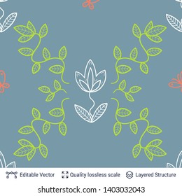 Flowers and leaves seamless pattern. Vintage vector design. Spring summer nature background. Hand drawn sketch elements.