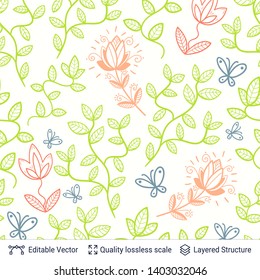 Flowers and leaves seamless pattern. Vintage vector design. Spring summer nature background. Hand drawn sketch elements.