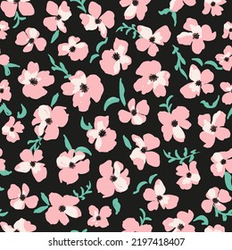 Flowers with leaves seamless repaet pattern. Random placed, vector floral all over surface print on black background.
