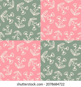 Flowers with leaves seamless repeat pattern randomly placed on pink and sage green check background. Doodled, vector botany plants all over surface print.