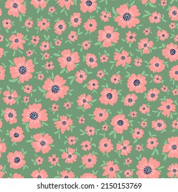 Flowers with leaves seamless repeat pattern. Random placed, vector botany all over surface print on green background.