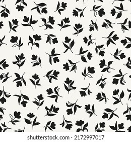Flowers with leaves seamless repeat pattern. Random placed, vector minimal botany all over print on white background.