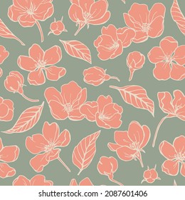 Flowers and leaves seamless vector pattern elegant floral background in pastel colors. Hand drawn. Illustration for design packaging textile wallpaper fabric