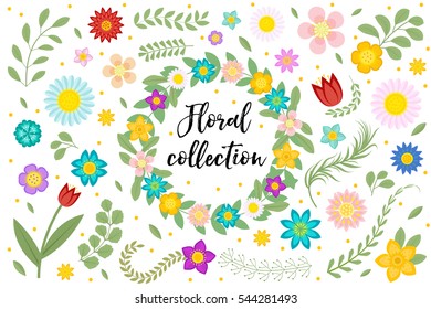 Flowers and leaves set. Floral collection isolated on white background. Spring, summer design elements for invitation, wedding or greeting cards. Floral frame with space for text. Vector illustration
