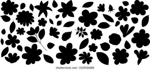 flowers, leaves set silhouette on white background, isolated vector