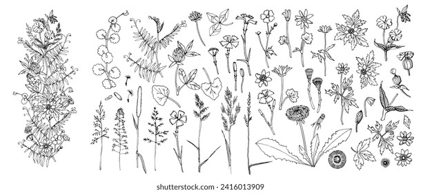 Blumen und Blätter. Blumenmuster. Blumenstrauß. handgezeichnete Vektorgrafik