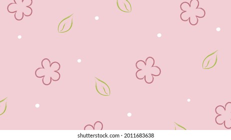 Flowers, leaves, and small dots made with brush stroke on a light pink background. Cute background. Hand drawn vector.