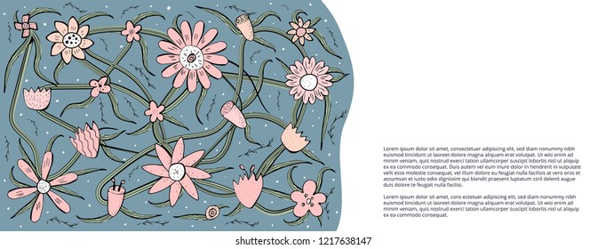 Flowers and leaves social media banner.  Hand drawn style.  Vector ilustration.