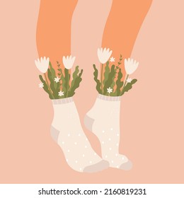 Flowers and leaves in socks on a pair of female legs. Summer bouquet aesthetic. Blossoms and high socks. Modern floral vector illustration in cartoon style. Isolated pink background.