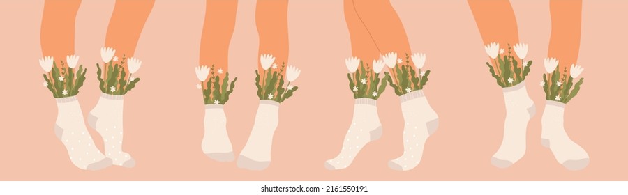 Flowers and leaves in socks on a pair of female legs set. Summer bouquet aesthetic. Blossoms and high socks collection. Modern floral vector illustration in cartoon style. Isolated pink background