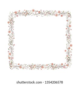 Flowers and leaves square frame composition.  Hand drawn style border.  Vector ilustration.