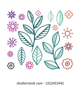 Flowers, leaves and stems hand drawn vector illustrations set. Plants simple sketch drawing.
Floral design elements.
