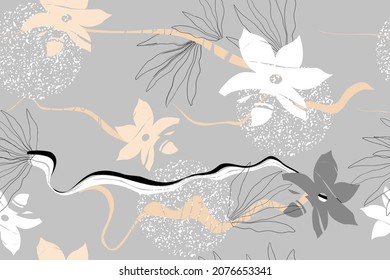 Flowers, leaves, stripes, dots. Modern seamless pattern. Natural ornament. Creative background