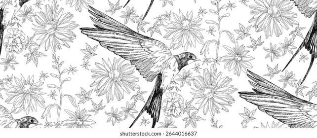  Flowers and leaves with swallows in vintage style, seamless pattern black on transparent background