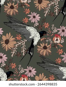  Flowers and leaves with swallows in vintage style, seamless pattern