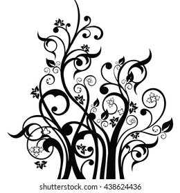 Flowers, leaves and swirls design element silhouette in black. This image is a vector illustration.