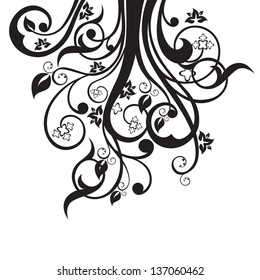 Flowers, leaves and swirls silhouette in black isolated on white background. This image is a vector illustration.