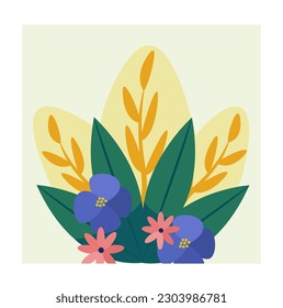 Flowers and leaves. Symbol of spring and summer seasons. Flora and botany, nature. Aesthetics and elegance. Blossom and blooming petals and plants. Cartoon flat vector illustration
