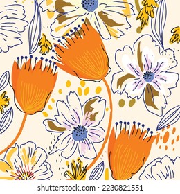 Flowers, leaves, tropical hand drawn background vector illustration design.