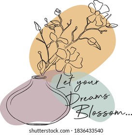 Flowers and Leaves in Vase Line Art Illustration with Abstract Colorful Shapes Background - Floral Graphic Vector Slogan Print for Tee and Poster