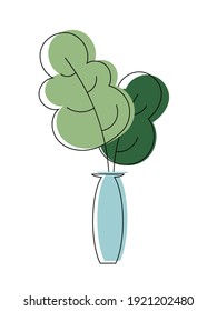 Flowers and leaves in a vase Line Art. Floral graphic print for t-shirt, postcard or poster. Vector illustration.