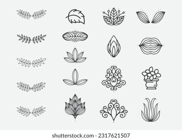 Flowers and leaves vector element  black and white line art  bundle vol-1