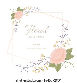 Flowers and leaves vector frame bouquet on white background. Floral wedding invitation elegant invite card template design. Spring ornament layout with isolated and copy space. Vector illustration eps