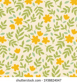 Flowers and leaves vector seamless pattern. Seamless hand draw vector pattern. Background with decorative flowers and leaves seamless. Spring and summer vector seamless pattern