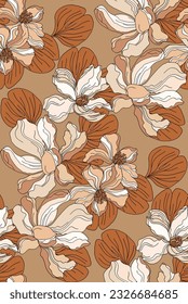  Flowers and leaves in vintage style 70-s, seamless pattern.