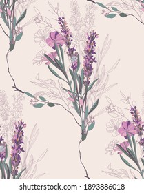 Flowers and leaves in vintage style, seamless pattern.