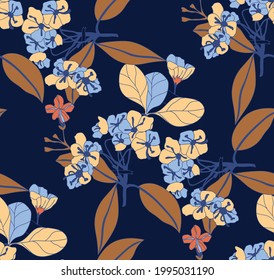 Flowers and leaves in vintage style, seamless pattern.