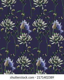 Flowers and leaves in vintage style, seamless pattern