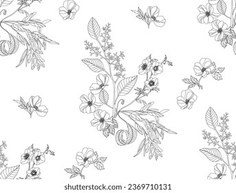  Flowers and leaves in vintage style, seamless pattern.
