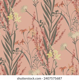  Flowers and leaves in vintage style, seamless pattern.