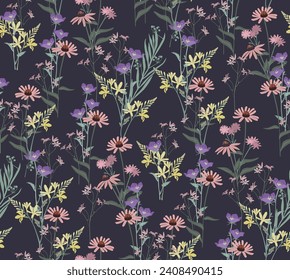 Flowers and leaves in vintage style, seamless pattern.