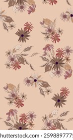 Flowers and leaves in vintage style, seamless pattern